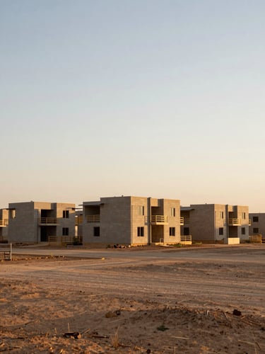 Wide environmental shot of completed sustainable housing units integrated into a semi-arid landscape under soft golden hour light, architectural details visible