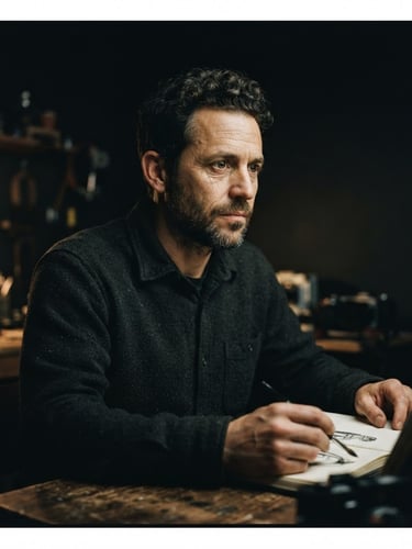 Cinematic portrait of a male creator in deep focus, low-key lighting, subtle warm key light against a dark backdrop, 35mm film grain, high contrast, desaturated tones.