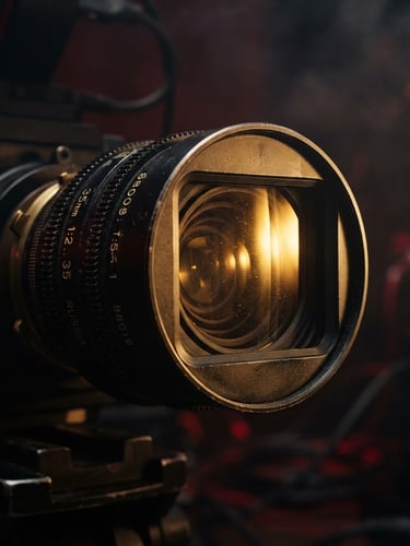 Extreme close-up of an anamorphic cinema lens, gold light catching the glass element, dark high-contrast studio background, hazy atmosphere, 21:9 composition