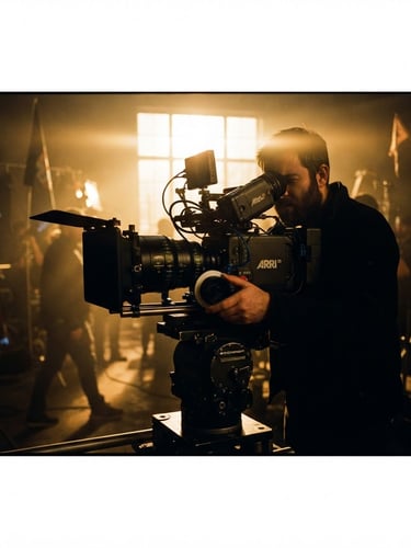 A high-contrast cinematic film photograph of a professional camera rig on a hazy film set, dramatic golden-hour backlighting, anamorphic lens flare, low-key shadows