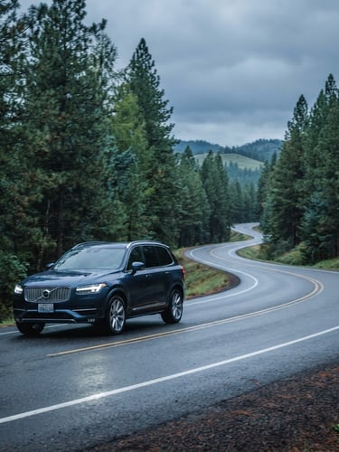 A modern SUV driving along a scenic, pine-lined highway in Spokane, overcast Pacific Northwest daylight, cool slate tones, crisp editorial photography