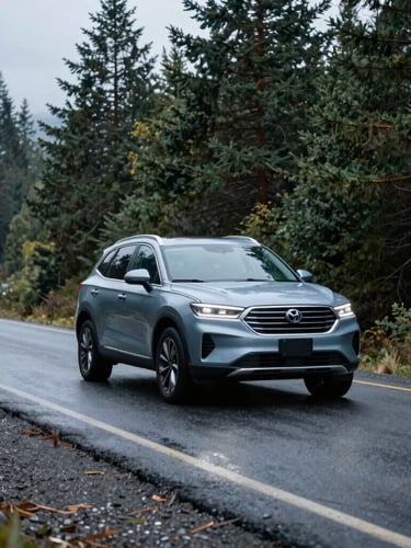 A clean modern SUV driving along a winding asphalt road through a dense pine forest near Spokane, overcast sky, cool damp road surface, crisp editorial photography.