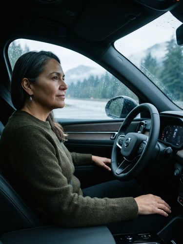 A confident local driver sitting in a modern vehicle, looking out the window, soft natural overcast daylight, cool slate tones, crisp editorial photography.