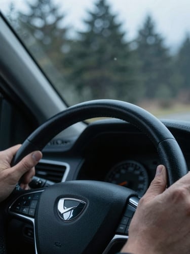 Crisp close-up of a driver's hands on a leather steering wheel, soft morning light filtering through the windshield, pine trees blurred in the background
