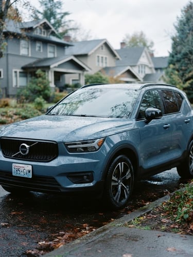 A portrait editorial photograph of a modern SUV parked on a quiet Spokane street, soft overcast daylight, cool slate blue tones, shallow depth of field.