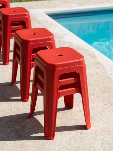 Medium environmental shot of bold red resin stools stacked neatly on a sun-drenched concrete deck by a pool, casting sharp architectural shadows, direct midday sun, 35mm lens.