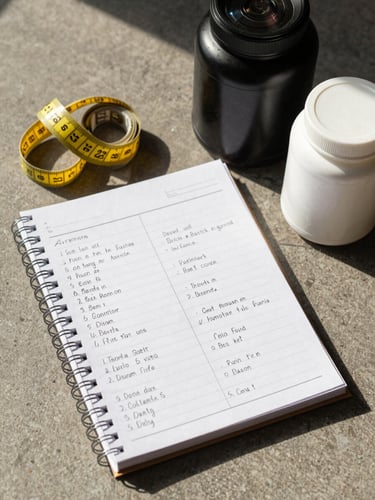 Overhead study angle of an open spiral-bound training log with handwritten exercise sets, a tape measure and two supplement containers placed beside it on a warm grey surface, north-facing daylight