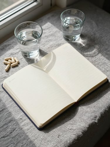 Overhead flat-lay study angle of an open nutrition field notebook, a small glass of water, and a handful of capsules arranged on warm grey linen, north-facing window light casting soft shadows, no text visible