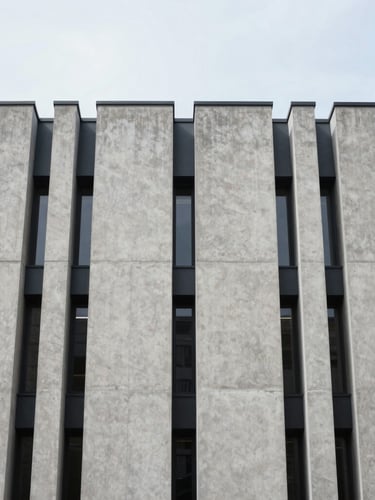 Symmetrical straight-on shot of a modern concrete and matte steel building facade against a flat, bright daylight sky, emphasizing clean lines and architectural scale.