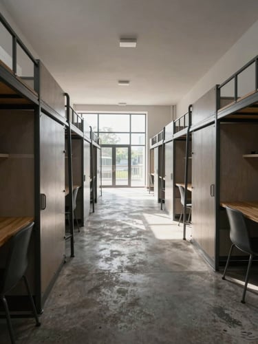 Wide-angle architectural interior of a modern hostel communal area, poured concrete floors, matte steel fixtures, bright daylight.