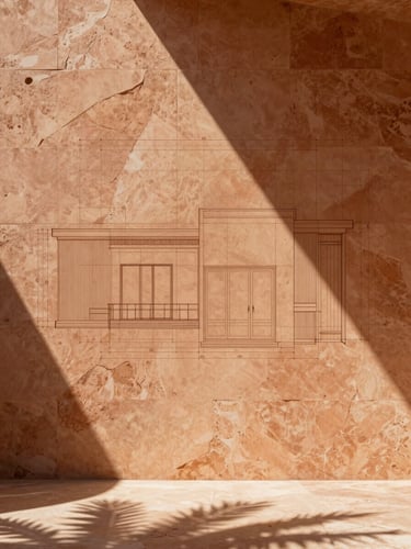 Architectural blueprint overlay on textured sandstone wall, sharp diagonal shadows from tropical sunlight, minimalist drafting lines, warm terracotta tone.