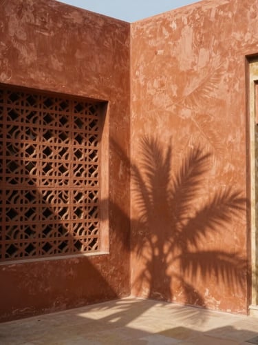 A dramatic architectural corner of a modern Indian home, high-contrast tropical sunlight casting deep shadows of a jali screen onto a textured terracotta-lime plaster wall, wide-angle, 35mm