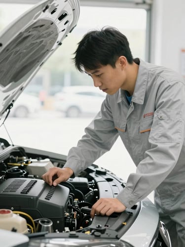 A professional mechanic in a clean light-gray uniform examining a spotless car engine under bright, natural daylight in a tidy workshop.