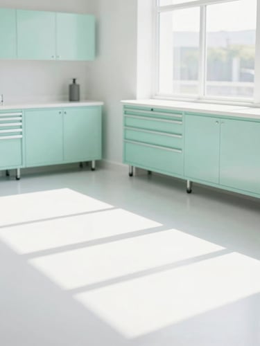 A bright, high-key editorial photograph of a spotless, modern auto repair bay with clean white floors, soft pastel mint green tool cabinets, and natural daylight pouring in.