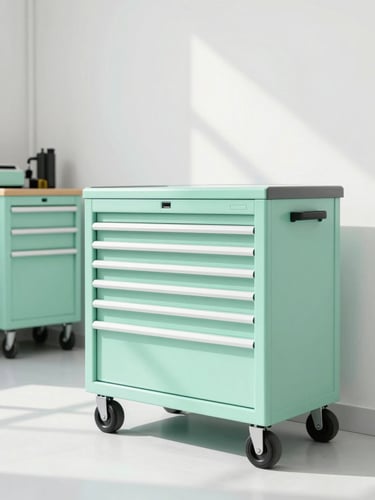 Crisp, bright medium shot of a pristine, modern auto repair bay, soft mint green tool chest in the background, clean white floor, natural daylight streaming in, 35mm lens, high-key lighting.