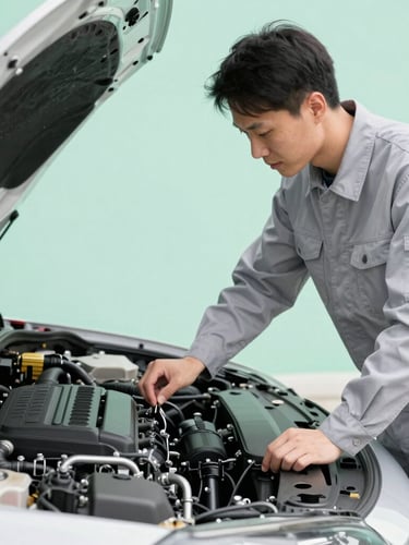 A certified technician in a spotless light grey uniform carefully inspecting a clean engine bay, soft mint green background, high-key natural light, 35mm lens