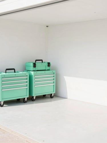 Bright editorial photography of a spotless, clean white garage bay with soft natural daylight, mint green toolboxes neatly organized, high-key lighting, 35mm lens