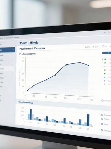 Close-up of a clean digital analytical dashboard showing psychometric validation curves and statistical data, bright natural daylight, neutral cool tones, sharp focus, 35mm