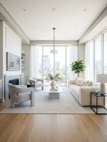 Bright high-key interior photography of a modern luxury apartment living room, crisp natural daylight, clean architectural lines, wide-angle lens, sharp focus