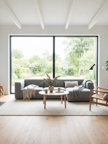 Bright high-key interior photography of a modern Scandinavian living room, crisp natural daylight, straight-on architectural perspective, wide-angle lens