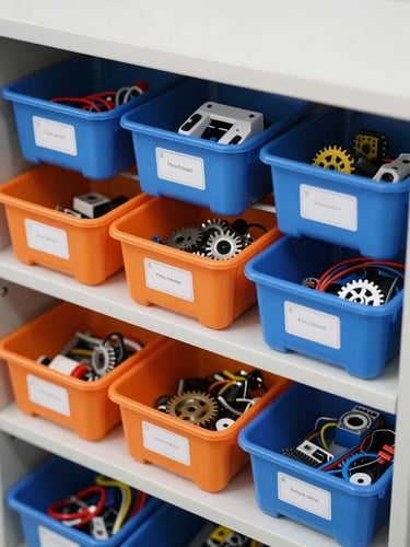 A close-up vertical shot of a neatly organized classroom storage cabinet filled with labeled orange and blue plastic bins containing robotics gears, sensors, and cables, bright clean lighting