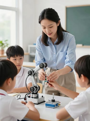 A professional teacher in a bright classroom guiding two students assembling a robotic arm, clean technical details, natural daylight, 35mm lens