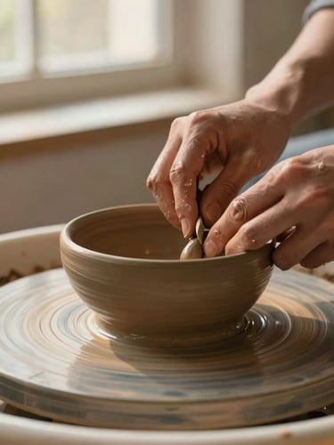 Close-up portrait shot of hands gently trimming the foot of a ceramic bowl on a potter's wheel, natural window light, shallow depth of field, tactile clay textures.