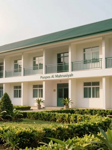 A clean and modern dormitory building at Ponpes Al Mahrusiyah, architectural shot with manicured green gardens in the foreground, bright morning sun, professional clean look, 35mm