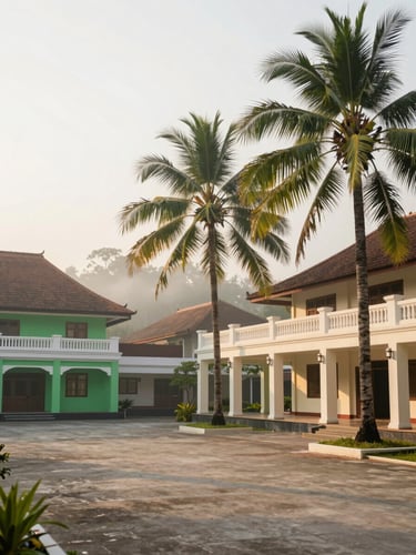 Wide environmental shot of the serene pesantren campus courtyard at sunrise, clean traditional architecture with modern green touch, tall coconut trees, soft morning mist, elegant and peaceful atmosphere, 35mm