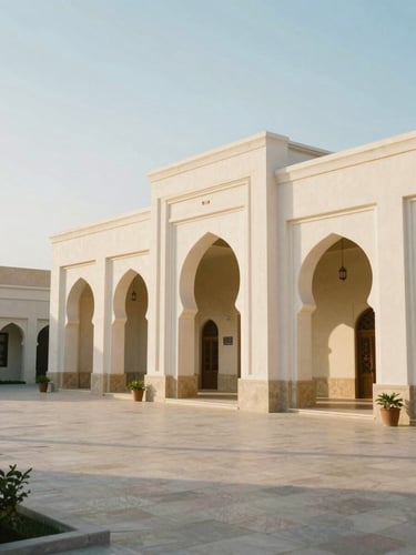 Wide environmental shot of Al Mahrusiyah Lirboyo campus, elegant traditional architecture with archways, soft morning light, 35mm photography
