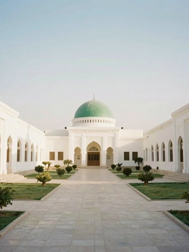 Wide environmental shot of Al Mahrusiyah campus in the soft morning sunlight, clean white buildings with green dome accents, neat pathways, serene academic atmosphere, 35mm photography