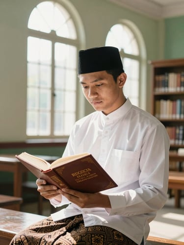 Editorial portrait of a young santri in a clean white shirt and traditional sarong, reading a classic leather-bound book in a sunlit library, warm morning light streaming through high arched windows, soft depth of field, 35mm