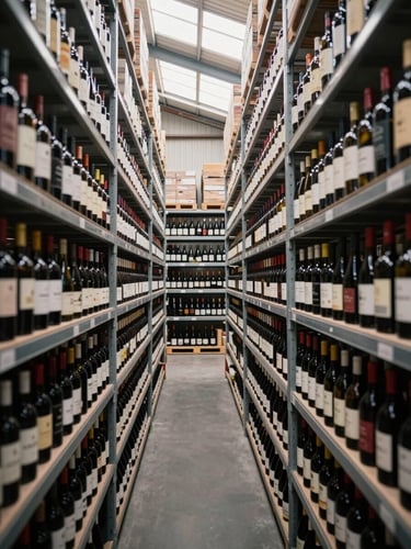 Wide environmental shot, deep interior of a wine distribution warehouse, tight rows of labeled bottles on metal shelving receding into the background, even diffused daylight from high clerestory windows, no people, no text