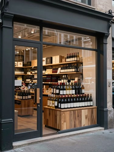 Wide environmental shot of an urban specialty food and wine retail storefront, bottles arranged on a low wooden display table near the entrance, even overcast daylight from the street, no signage visible, no people, architectural framing from the left edge