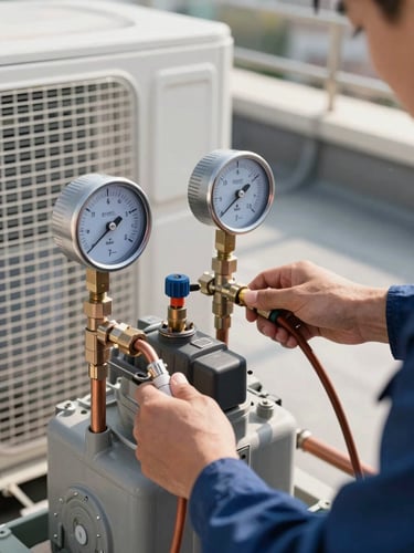Close-up of a technician's hands connecting refrigerant gauge lines to an outdoor AC compressor unit, natural daylight spilling from the right, copper pipes and pressure dials sharp in focus, real residential rooftop setting