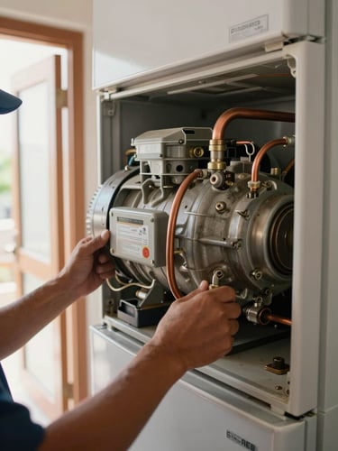 Close-up wide shot of a technician's hands gripping a refrigerator compressor unit inside a real Bahraini apartment, natural daylight spilling from a doorway to the left, copper refrigerant lines and worn housing visible, no staging