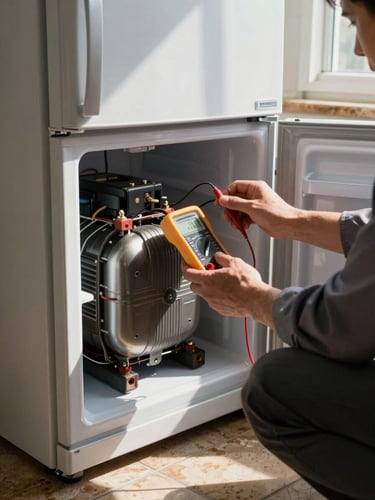 Close-up environmental shot, technician crouched beside an open side-by-side refrigerator in a real home, one hand pressing a multimeter probe against the compressor terminal at the back, natural window light from the right casting a hard shadow across the appliance, worn kitchen floor tiles visible, unposed working posture
