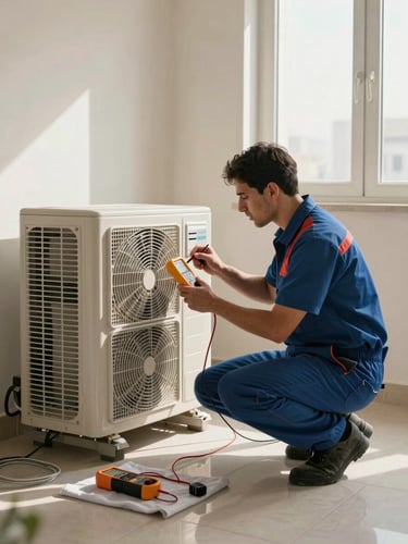 Wide shot of a technician crouching beside an indoor AC unit in a Bahraini apartment, checking the thermostat panel with a multimeter, north-facing window light casting soft shadows, tools laid on a cloth on the tiled floor
