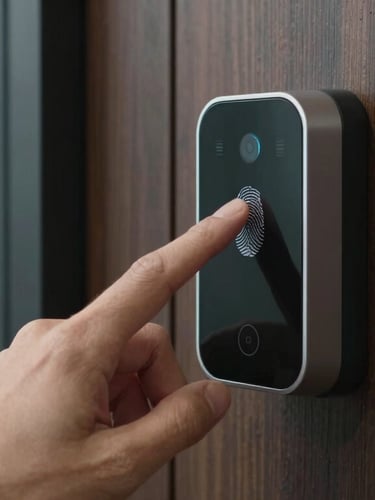 Close-up of a hand interacting with a sleek, minimalist wall-mounted biometric fingerprint scanner on a dark wood panel next to a glass door.