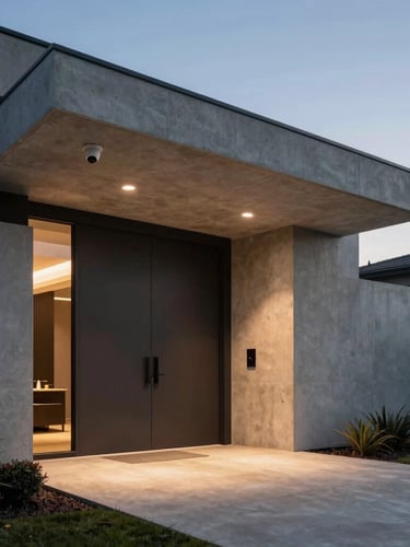 Wide architectural shot of a modern minimalist home entrance at twilight, featuring subtle warm LED lighting and a discreet security camera integrated into the concrete overhang.