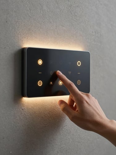 Close-up of a hand interacting with an elegant wall-mounted smart home control panel, glowing gold indicators, minimalist concrete texture background, warm ambient lighting.