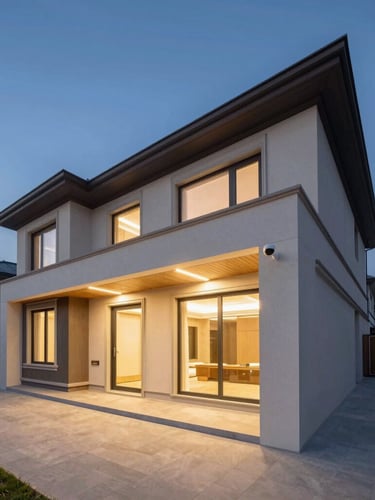 Wide architectural angle of a modern luxury home at twilight, showing clean exterior lines, integrated warm path lighting, and a discreet security camera on the corner.