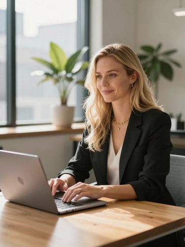 A natural environmental portrait of a female founder in a bright, sunlit Melbourne office, sitting at a clean timber desk with a laptop, soft indirect Australian daylight, warm editorial style.