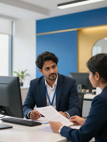 Professional tax consultant reviewing digital documents with a client in a modern Hyderabad office, bright daylight, clean architectural background, royal blue and gold accents.