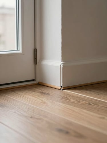 Close-up of a vinyl plank flooring transition strip installed at a doorway in a GTA home — clean factory edge, tight seam, practical indoor window light from the left, no people