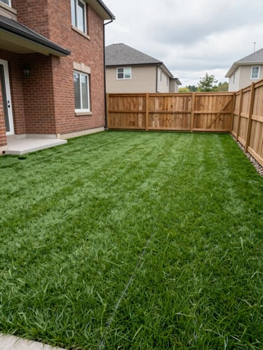 Wide environmental shot of a completed artificial turf installation in a Mississauga residential backyard — lush green turf seam visible in foreground, brick house facade and wooden fence providing property context, overcast natural daylight, no people
