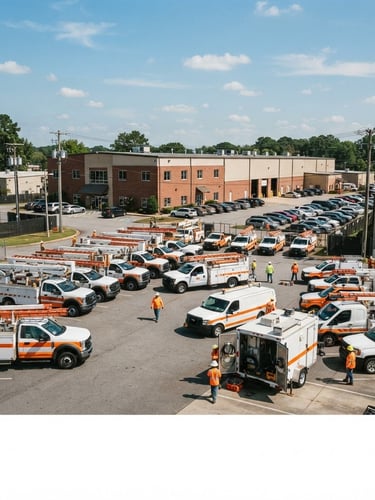 Wide panoramic shot of KYS Communications LLC headquarters in Jonesboro, GA, with a fleet of utility trucks and fiber splicing trailers parked outside under bright natural daylight, high-contrast safety orange accents, industrial utility photography, sharp focus, 35mm