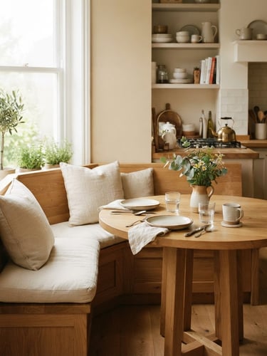 Warm editorial interior photography of a corner breakfast nook with soft oak and linen textures, styled in a tidy kitchen with natural morning light, detailed dimension overlays, architectural lines, shallow depth of field, 35mm.