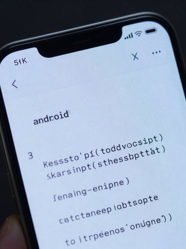 Extreme close-up of a physical Android device screen showing clean monospaced code, held by a hand, cool silver and blue studio lighting.