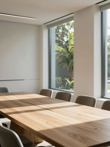 Warm natural daylight illuminating a modern minimalist meeting room in Miami, clean oak table, soft shadows, large window showing green foliage outside, editorial architectural style
